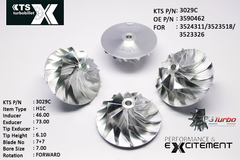 Turbo ROUE FORGÉE MFS PERFORMANCE - 7+7 PALES - INDUCER : 46 - EXDUCER : 73 - TYPE : H1CANGLE : 50° - ROTATION : Forward - SUPER BACK : 4 - BORE SIZE : 7
